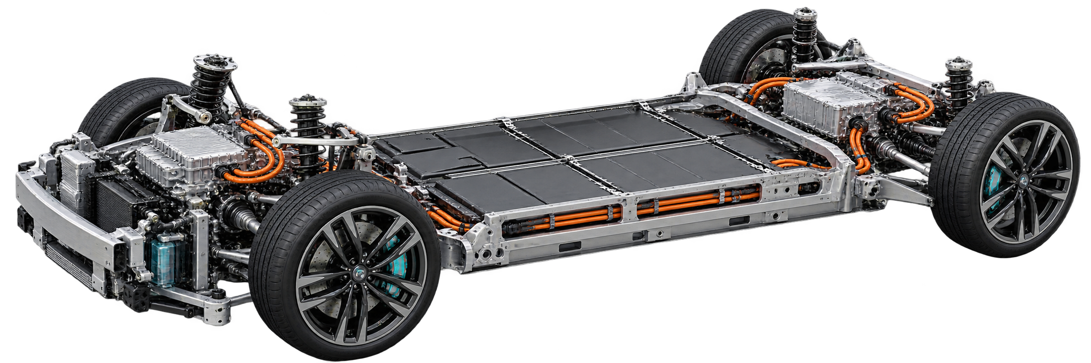 Plataforma de vehículo eléctrico con batería estructural, ejes motrices, ruedas, motores y suspensión