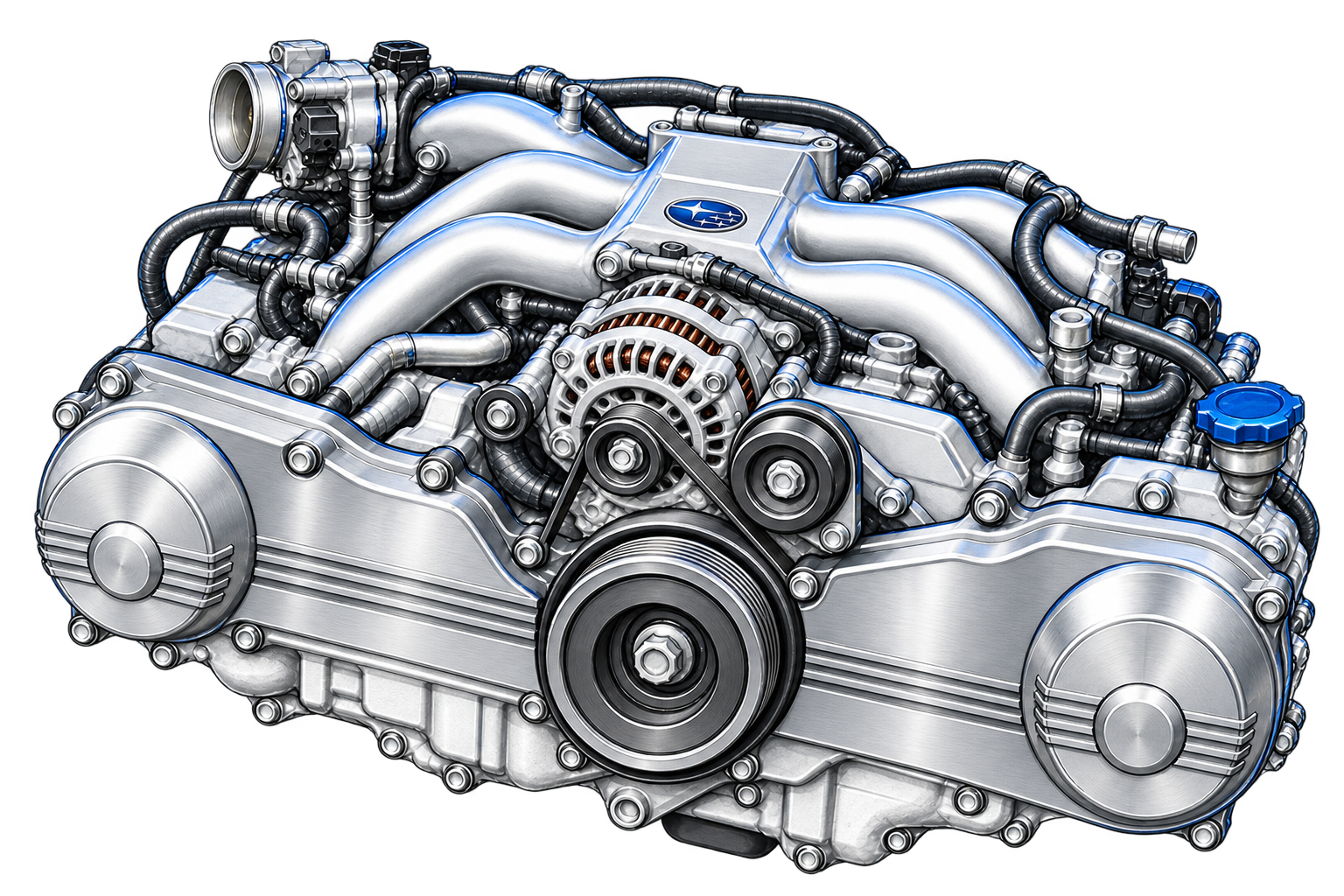 Ilustración metálica de un motor bóxer Subaru